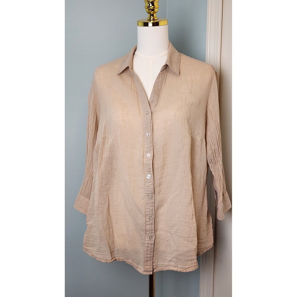 Coldwater Creek Button Down Women M Tan Linen Cotton Crinkle Pleated Top